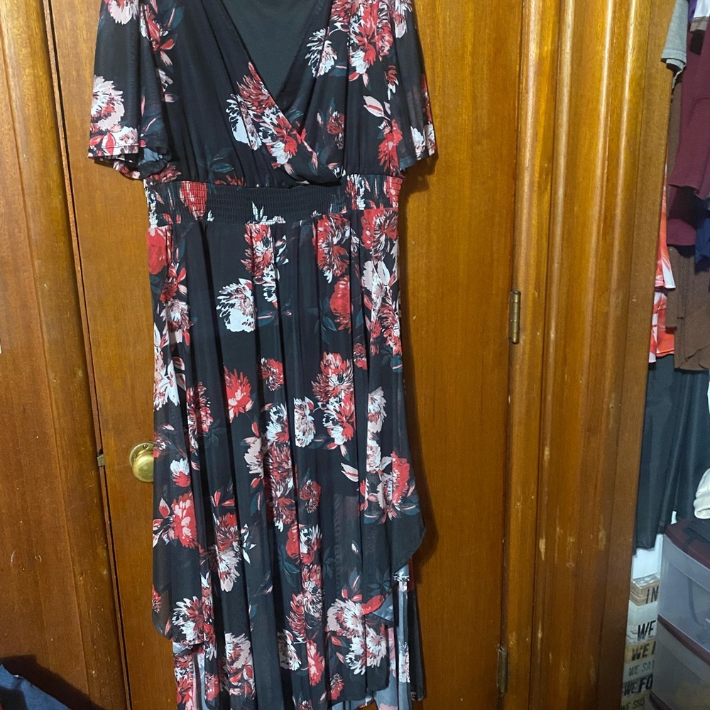Maurices Floral High Low Dress in Black and‎ Red